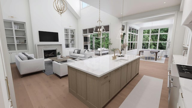 1316 Mcquiddy Rd, Nashville, TN 37221 - kitchen with a sink, light wood-style flooring, built in shelves, a chandelier, and light countertops