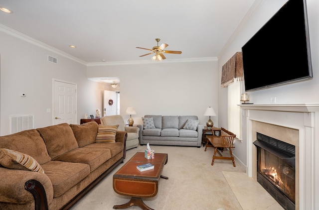 646 Forest Glen Cir, Murfreesboro, TN 37128 - living room with a high end fireplace, a ceiling fan, light colored carpet, crown molding, and recessed lighting