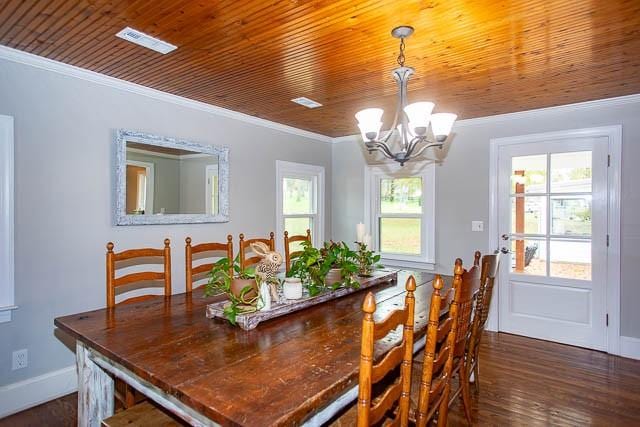 6684 Eudailey Covington Rd, College Grove, TN 37046 - dining space with a chandelier, dark wood-style flooring, baseboards, wood ceiling, and ornamental molding