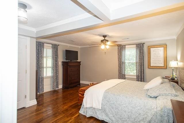 6684 Eudailey Covington Rd, College Grove, TN 37046 - bedroom with wood finished floors, multiple windows, crown molding, baseboards, and ceiling fan