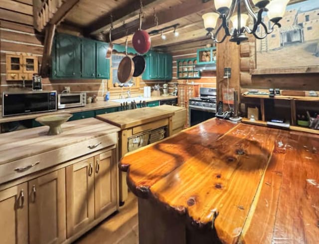 268 Sugar Maple Dr, Dover, TN 37058 - kitchen featuring butcher block countertops, stainless steel appliances, hardwood / wood-style flooring, wooden ceiling with exposed beams, and a chandelier