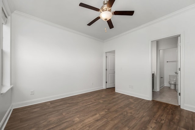 1021 Vida Way Unit 202, Nolensville, TN 37135 - unfurnished bedroom featuring crown molding, dark wood-type flooring, baseboards, ceiling fan, and ensuite bath