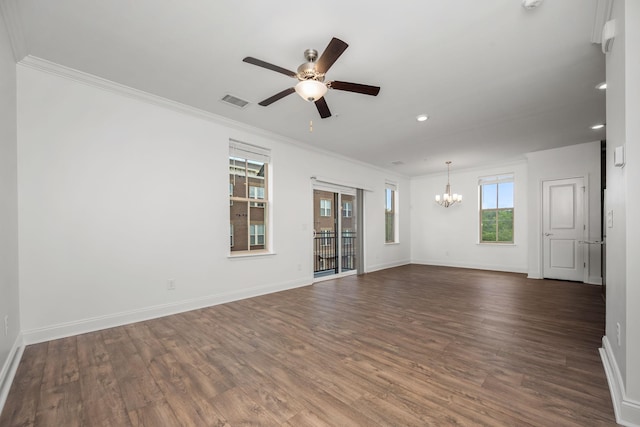 1021 Vida Way Unit 202, Nolensville, TN 37135 - spare room with a chandelier, crown molding, dark wood-style flooring, a ceiling fan, and baseboards