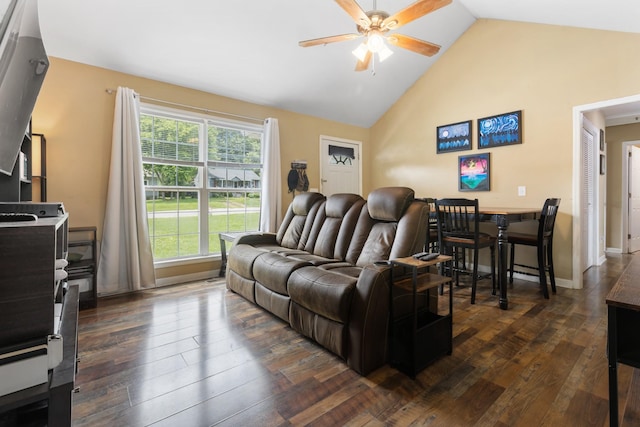 221 Pitts Ave, Old Hickory, TN 37138 - living room featuring a ceiling fan, dark wood-type flooring, and high vaulted ceiling