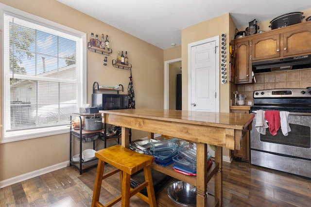 221 Pitts Ave, Old Hickory, TN 37138 - kitchen featuring under cabinet range hood, stainless steel range with electric stovetop, decorative backsplash, and dark wood-style flooring