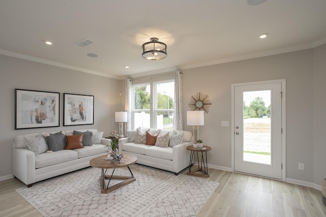5047 Dayflower Dr, Hermitage, TN 37076 - living room with light wood finished floors, baseboards, crown molding, and recessed lighting