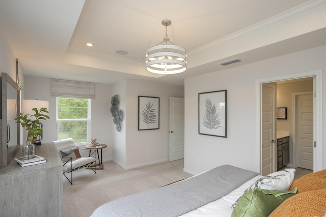 5047 Dayflower Dr, Hermitage, TN 37076 - bedroom with a chandelier, a tray ceiling, ornamental molding, baseboards, and light carpet