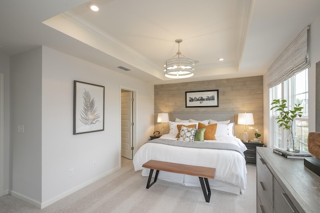 5047 Dayflower Dr, Hermitage, TN 37076 - bedroom featuring a tray ceiling, a chandelier, ornamental molding, baseboards, and light colored carpet