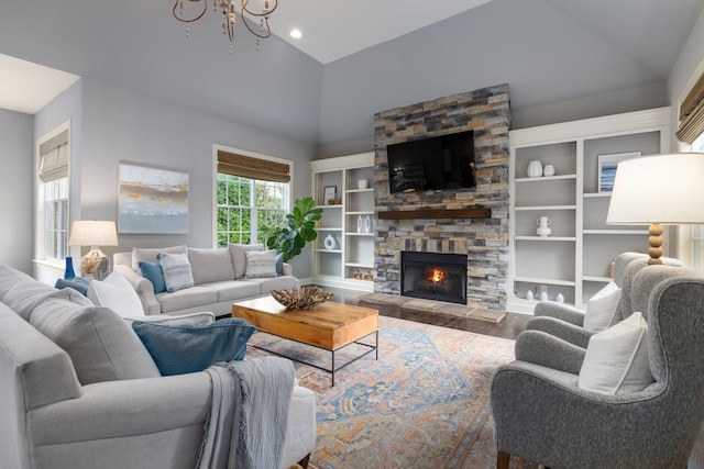 1825 Barnstaple Ln, Brentwood, TN 37027 - living area featuring wood finished floors, a fireplace, a chandelier, recessed lighting, and high vaulted ceiling