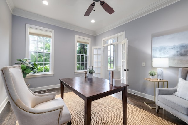 1825 Barnstaple Ln, Brentwood, TN 37027 - office area featuring plenty of natural light, baseboards, ceiling fan, wood finished floors, and crown molding