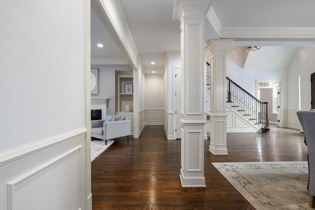 1825 Barnstaple Ln, Brentwood, TN 37027 - hallway featuring stairs, recessed lighting, dark wood finished floors, decorative columns, and a decorative wall