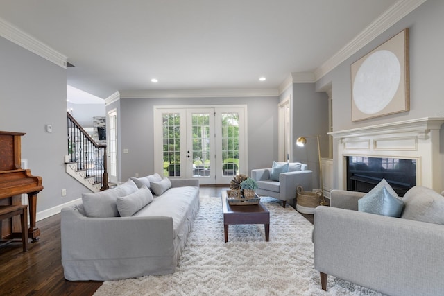 1825 Barnstaple Ln, Brentwood, TN 37027 - living room with stairway, dark wood-style flooring, crown molding, a fireplace, and recessed lighting
