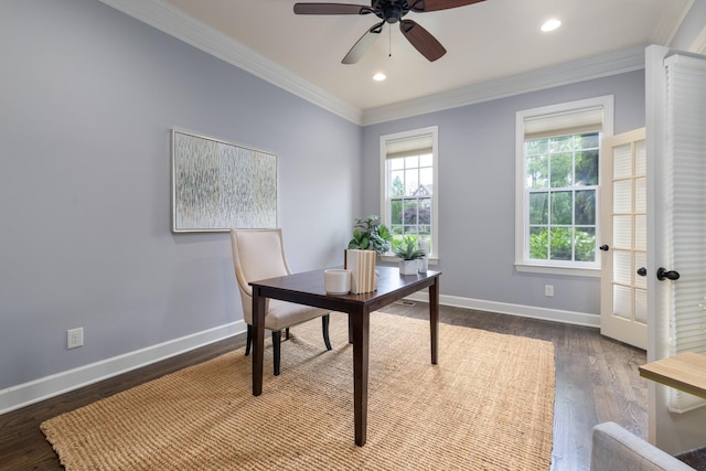 1825 Barnstaple Ln, Brentwood, TN 37027 - office space with crown molding, baseboards, ceiling fan, wood finished floors, and recessed lighting
