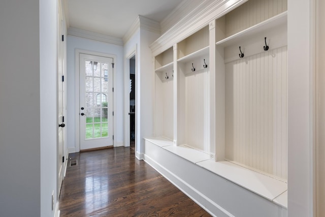 1825 Barnstaple Ln, Brentwood, TN 37027 - mudroom with dark wood-style flooring, ornamental molding, and baseboards