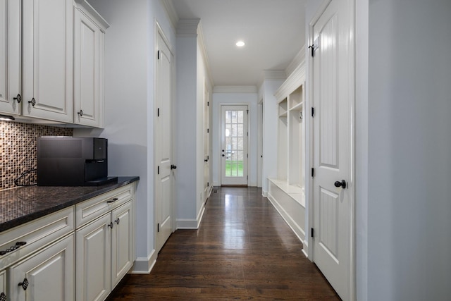 1825 Barnstaple Ln, Brentwood, TN 37027 - hall featuring crown molding, dark wood-style flooring, baseboards, and recessed lighting