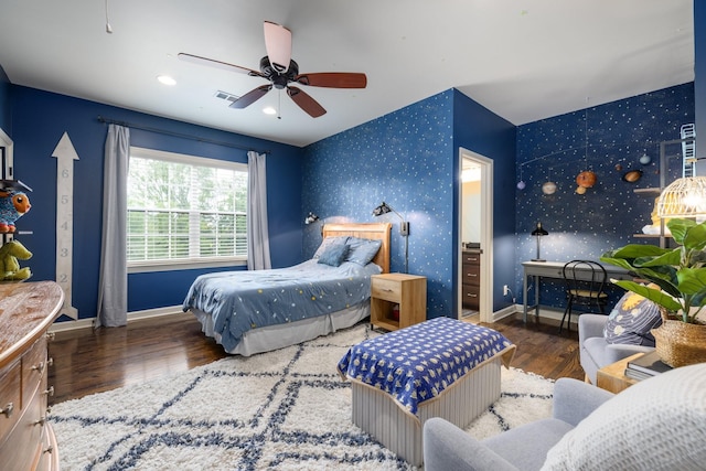 1825 Barnstaple Ln, Brentwood, TN 37027 - bedroom with wallpapered walls, wood finished floors, baseboards, and a ceiling fan