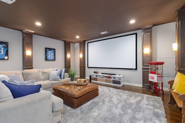 1825 Barnstaple Ln, Brentwood, TN 37027 - home theater with decorative columns, dark wood-style floors, and recessed lighting