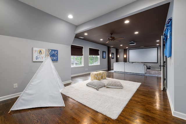 1825 Barnstaple Ln, Brentwood, TN 37027 - home theater featuring baseboards, dark wood-style floors, recessed lighting, and a ceiling fan