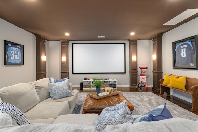 1825 Barnstaple Ln, Brentwood, TN 37027 - home theater room with decorative columns, recessed lighting, baseboards, and wood finished floors