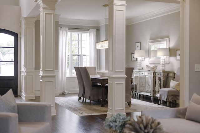 1825 Barnstaple Ln, Brentwood, TN 37027 - dining area featuring ornate columns, crown molding, and dark wood-style floors
