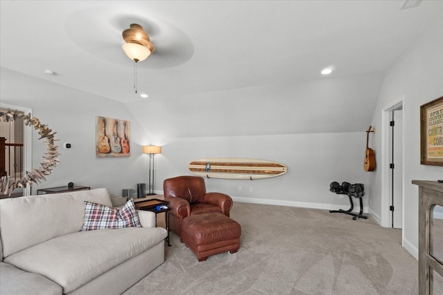 1076 Pretender Way, Columbia, TN 38401 - living area with lofted ceiling, carpet, baseboards, a ceiling fan, and recessed lighting