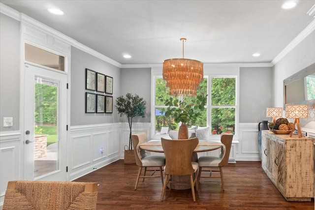 1076 Pretender Way, Columbia, TN 38401 - dining room featuring dark wood finished floors, crown molding, recessed lighting, wainscoting, and a decorative wall