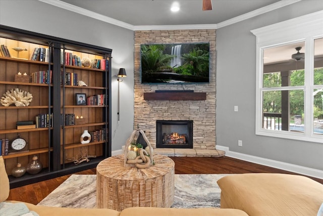 1076 Pretender Way, Columbia, TN 38401 - living room with crown molding, wood finished floors, ceiling fan, a fireplace, and baseboards