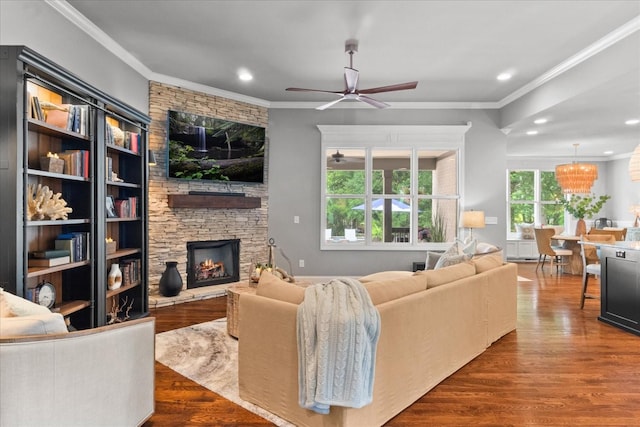 1076 Pretender Way, Columbia, TN 38401 - living area with a fireplace, ceiling fan, ornamental molding, recessed lighting, and wood finished floors
