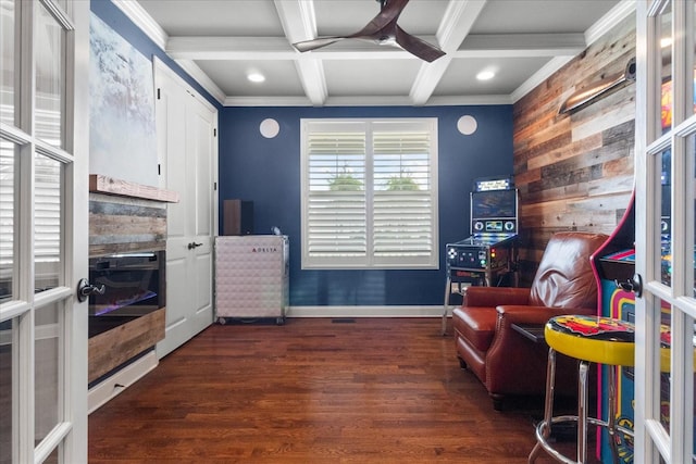 1076 Pretender Way, Columbia, TN 38401 - living area with coffered ceiling, a ceiling fan, wood finished floors, beamed ceiling, and ornamental molding
