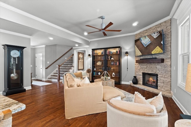 1076 Pretender Way, Columbia, TN 38401 - living room featuring stairs, a stone fireplace, a ceiling fan, dark wood-style floors, and recessed lighting