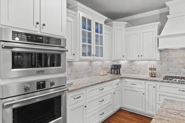 1076 Pretender Way, Columbia, TN 38401 - kitchen featuring appliances with stainless steel finishes, white cabinets, custom range hood, ornamental molding, and glass insert cabinets