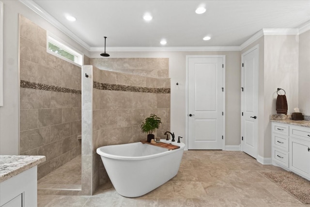 1076 Pretender Way, Columbia, TN 38401 - full bath featuring vanity, walk in shower, crown molding, a freestanding tub, and recessed lighting