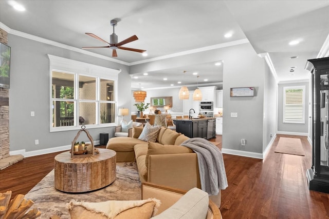 1076 Pretender Way, Columbia, TN 38401 - living room featuring a ceiling fan, dark wood-style floors, crown molding, baseboards, and recessed lighting