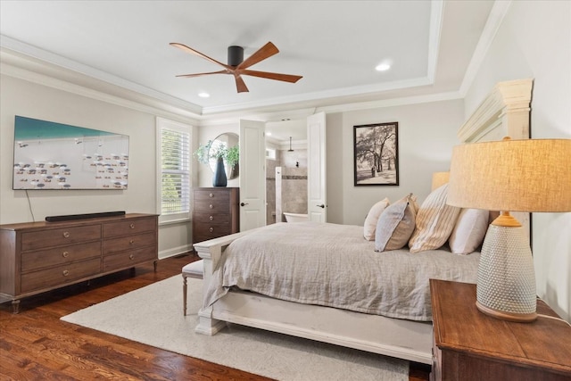 1076 Pretender Way, Columbia, TN 38401 - bedroom featuring wood finished floors, ornamental molding, recessed lighting, ensuite bathroom, and a raised ceiling