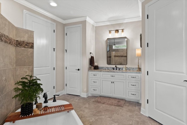 1076 Pretender Way, Columbia, TN 38401 - bathroom with vanity, ornamental molding, baseboards, a tub to relax in, and a shower