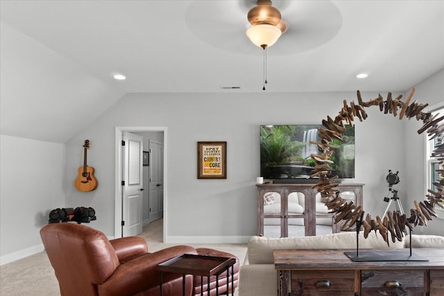 1076 Pretender Way, Columbia, TN 38401 - living room featuring baseboards, vaulted ceiling, recessed lighting, and a ceiling fan