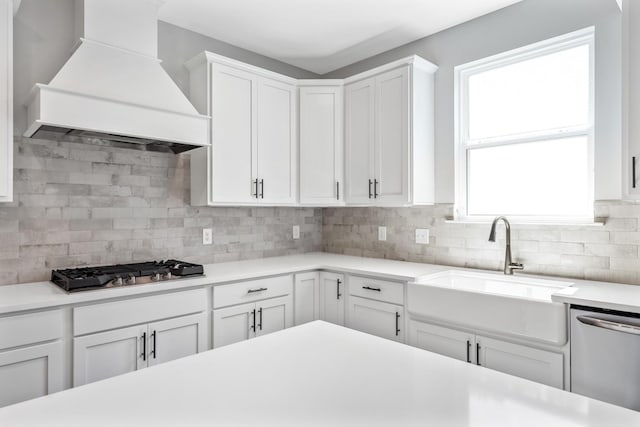 2655 Burton Dr, White House, TN 37188 - kitchen with premium range hood, stainless steel appliances, a sink, light countertops, and backsplash