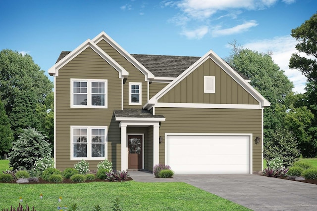 2655 Burton Dr, White House, TN 37188 - view of front of home with a front yard, board and batten siding, a shingled roof, concrete driveway, and a garage