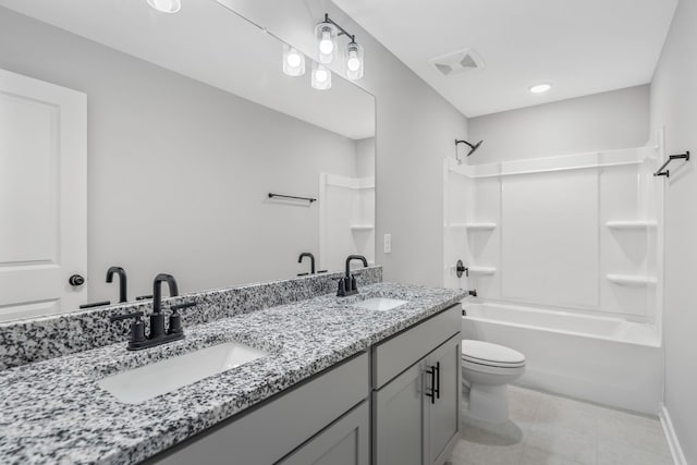 2655 Burton Dr, White House, TN 37188 - bathroom featuring double vanity, toilet, bathing tub / shower combination, and tile patterned flooring