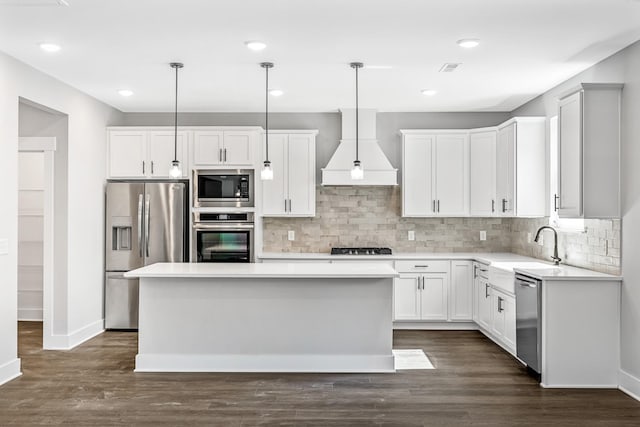 2655 Burton Dr, White House, TN 37188 - kitchen featuring stainless steel appliances, custom exhaust hood, a sink, light countertops, and recessed lighting