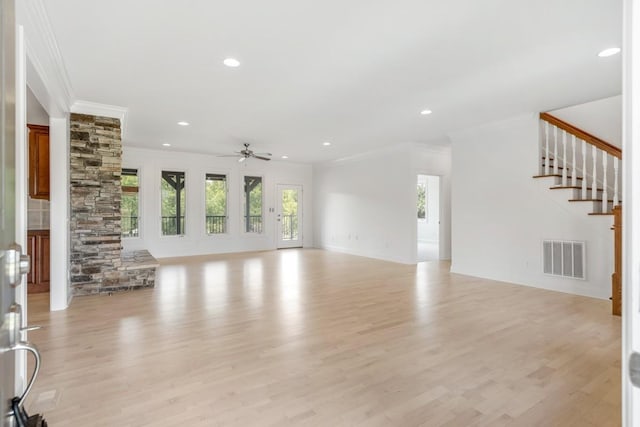 254 Davis Rd, Lebanon, TN 37087 - unfurnished living room with crown molding, ceiling fan, light wood-style floors, stairway, and recessed lighting