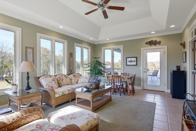 254 Davis Rd, Lebanon, TN 37087 - living room featuring a ceiling fan, light tile patterned flooring, recessed lighting, baseboards, and crown molding