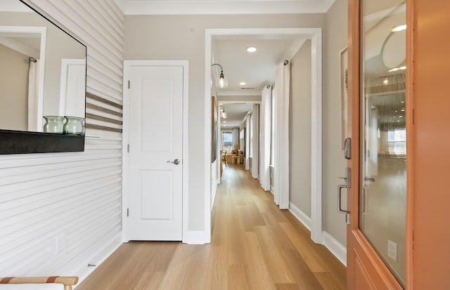 318 Sharp Way, Murfreesboro, TN 37128 - hallway with light wood finished floors, crown molding, baseboards, and recessed lighting