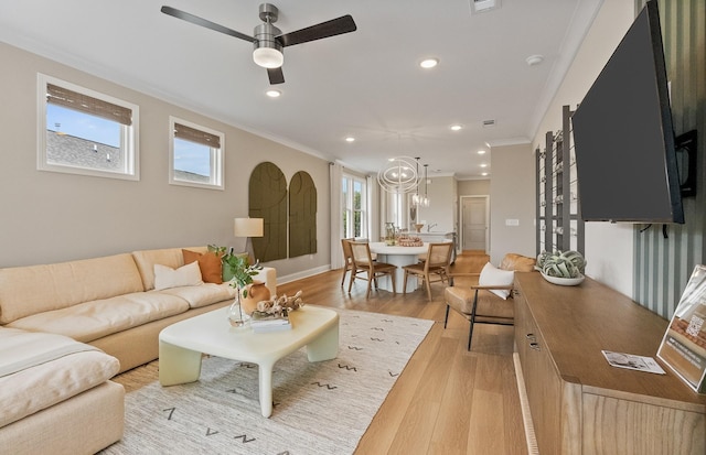 318 Sharp Way, Murfreesboro, TN 37128 - living room featuring light wood-type flooring, ornamental molding, a ceiling fan, recessed lighting, and baseboards