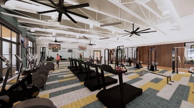 318 Sharp Way, Murfreesboro, TN 37128 - gym featuring a ceiling fan, high vaulted ceiling, and carpet