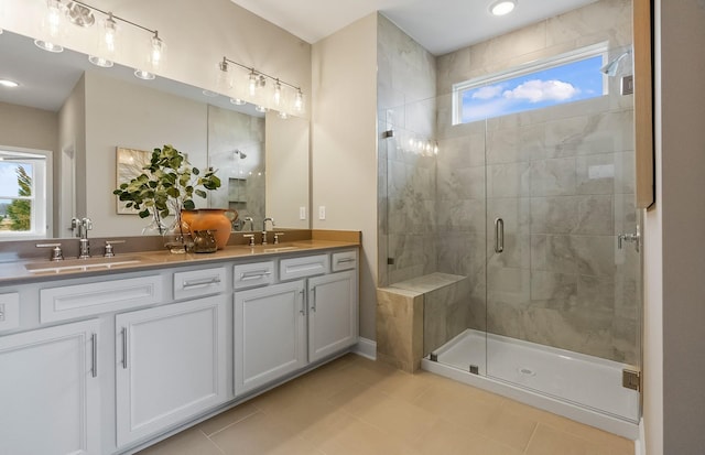 318 Sharp Way, Murfreesboro, TN 37128 - full bath featuring plenty of natural light, a shower stall, double vanity, and tile patterned flooring