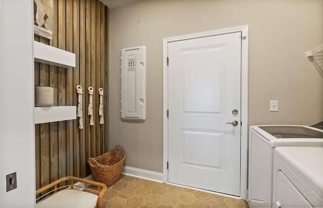318 Sharp Way, Murfreesboro, TN 37128 - laundry room featuring washing machine and dryer, electric panel, tile patterned floors, and baseboards