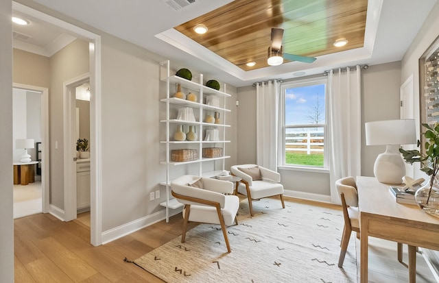318 Sharp Way, Murfreesboro, TN 37128 - living area with a tray ceiling, light wood-style flooring, a ceiling fan, baseboards, and wood ceiling
