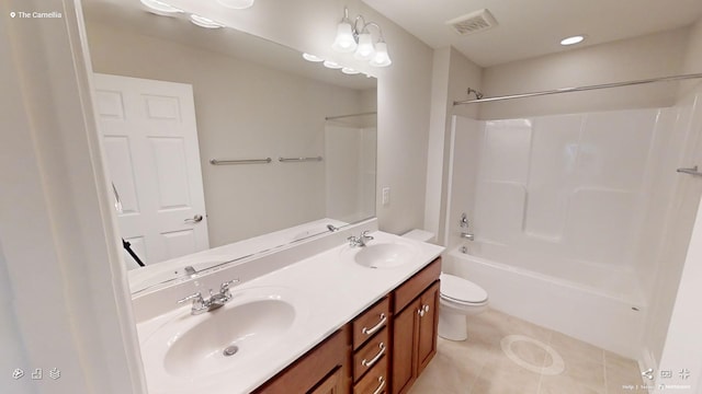 2408 Oakmont Ln, Mount Juliet, TN 37122 - full bath with toilet, double vanity, shower / bathtub combination, tile patterned floors, and recessed lighting