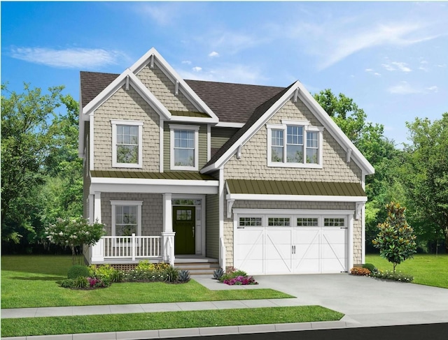 2408 Oakmont Ln, Mount Juliet, TN 37122 - craftsman-style home with a porch, concrete driveway, a front yard, a standing seam roof, and an attached garage